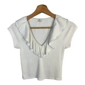 Wilfred Womens size Medium Danette Ruffle Cropped Ribbed T-Shirt Top White